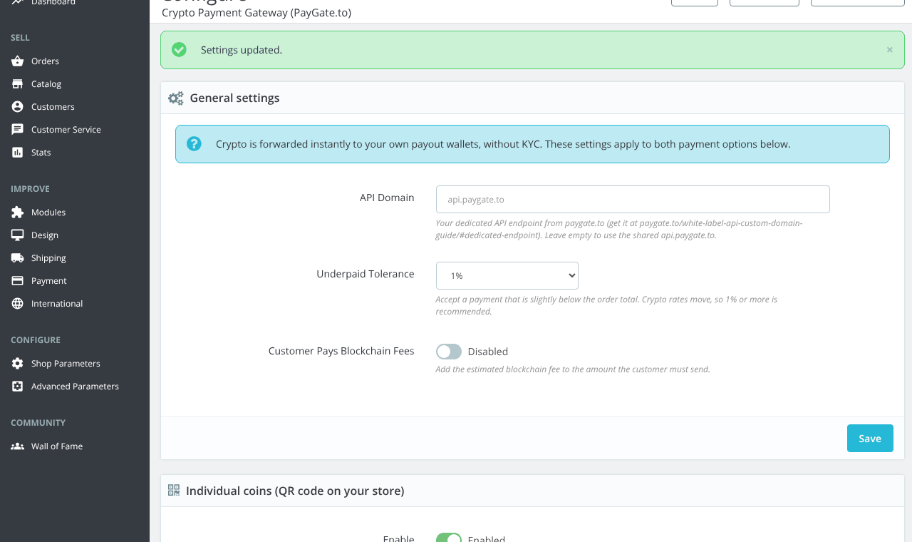 PrestaShop crypto module General settings panel: API Domain, Underpaid Tolerance, Customer Pays Blockchain Fees