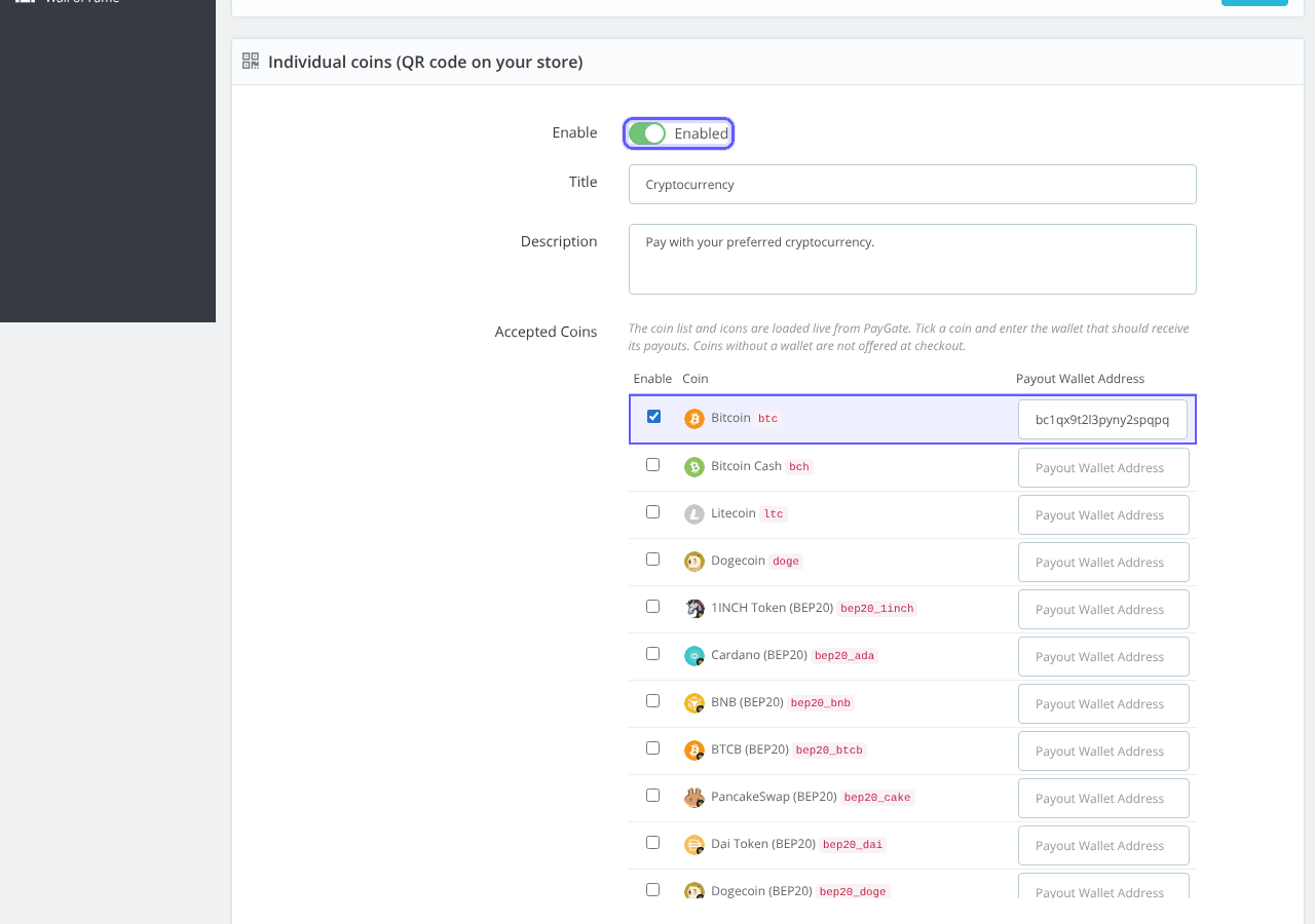 PrestaShop Individual coins panel with Enable on and Bitcoin ticked with its payout wallet