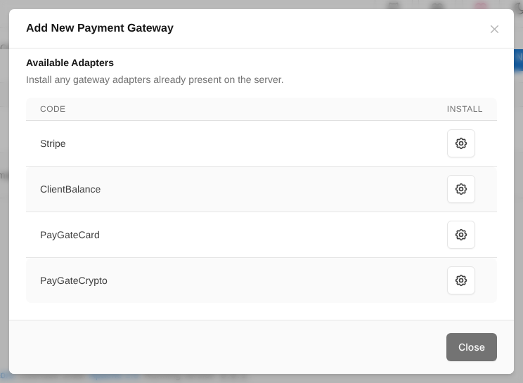 Add New Payment Gateway window in FOSSBilling with PayGateCard and PayGateCrypto in the Available Adapters list