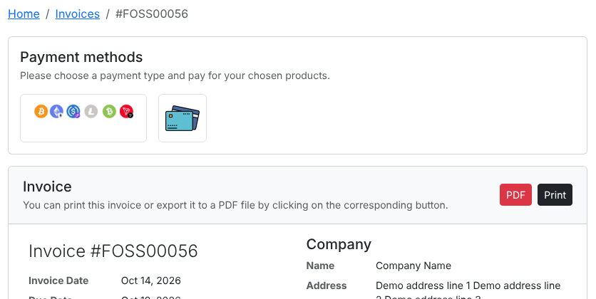FOSSBilling client invoice with the crypto and card payment methods