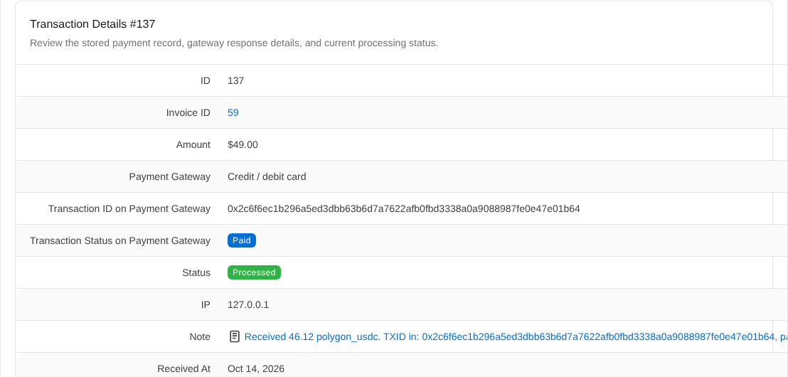 FOSSBilling transaction details: PayGate.to card payment processed, status Paid, with the blockchain transaction id