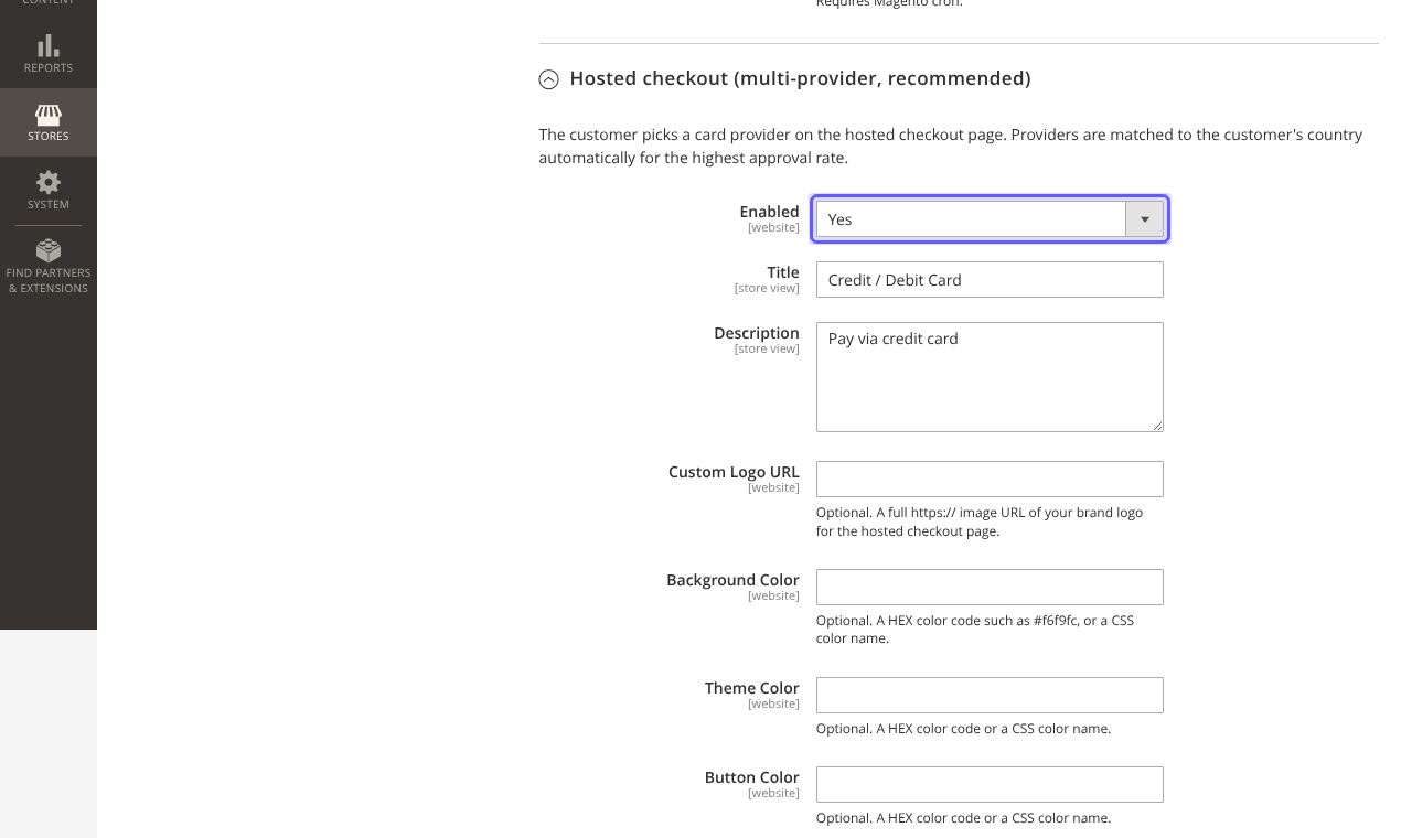 Magento Hosted checkout settings with Enabled set to Yes