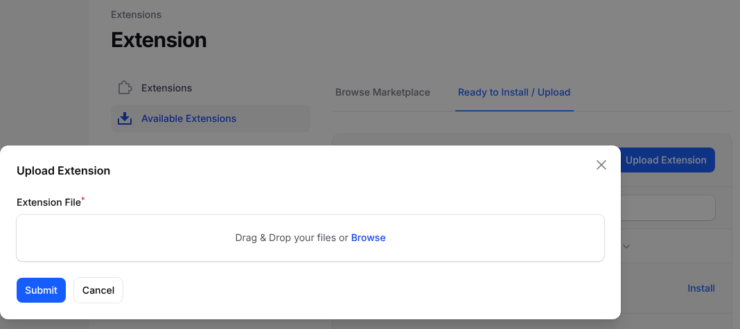 Upload Extension window in the Paymenter admin area, under Extensions, Available Extensions, Ready to Install / Upload