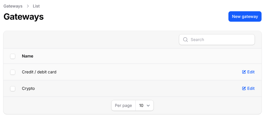 Paymenter gateway list with Credit / debit card and Crypto