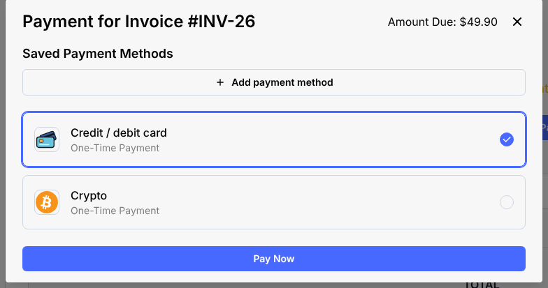 Paymenter payment window with the Credit / debit card and Crypto payment methods