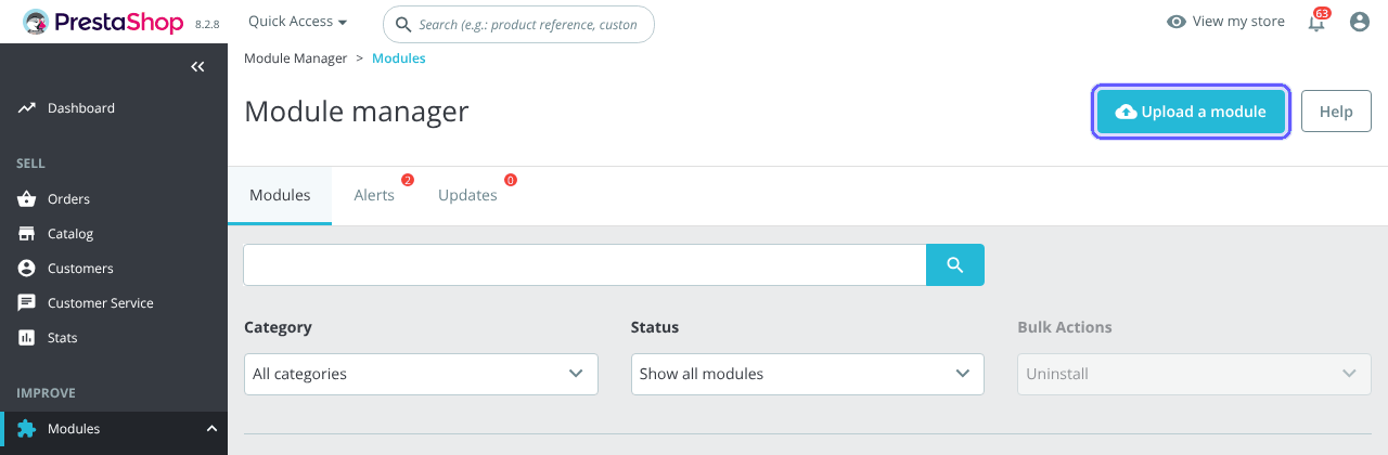 PrestaShop Module Manager with the Upload a module button highlighted