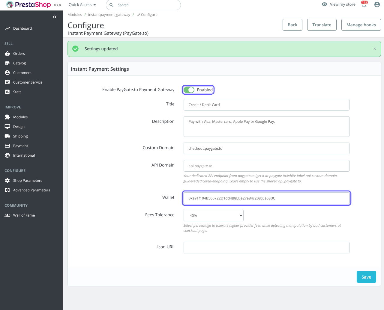 PrestaShop Instant Payment Settings with the gateway enabled and the wallet filled in