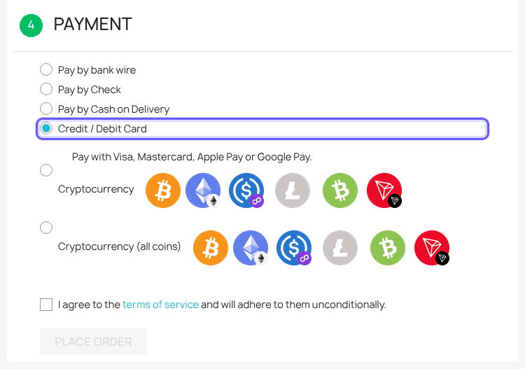 PrestaShop payment step with the Credit / Debit Card option selected