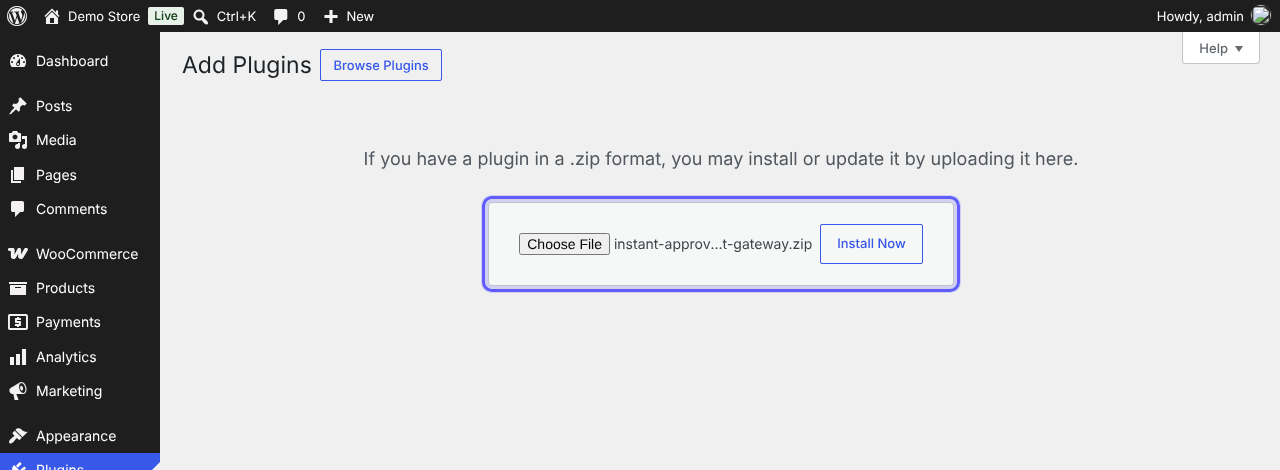 WordPress Add Plugins screen with the instant-approval-payment-gateway.zip file selected and the Install Now button