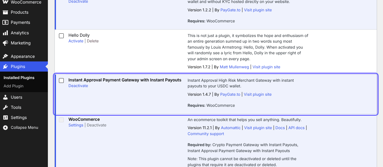 WordPress Plugins list showing Instant Approval Payment Gateway with Instant Payouts activated