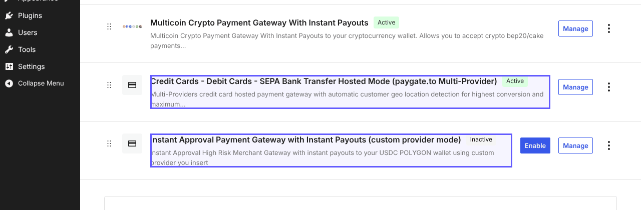 WooCommerce Payments settings listing the two PayGate.to card payment methods