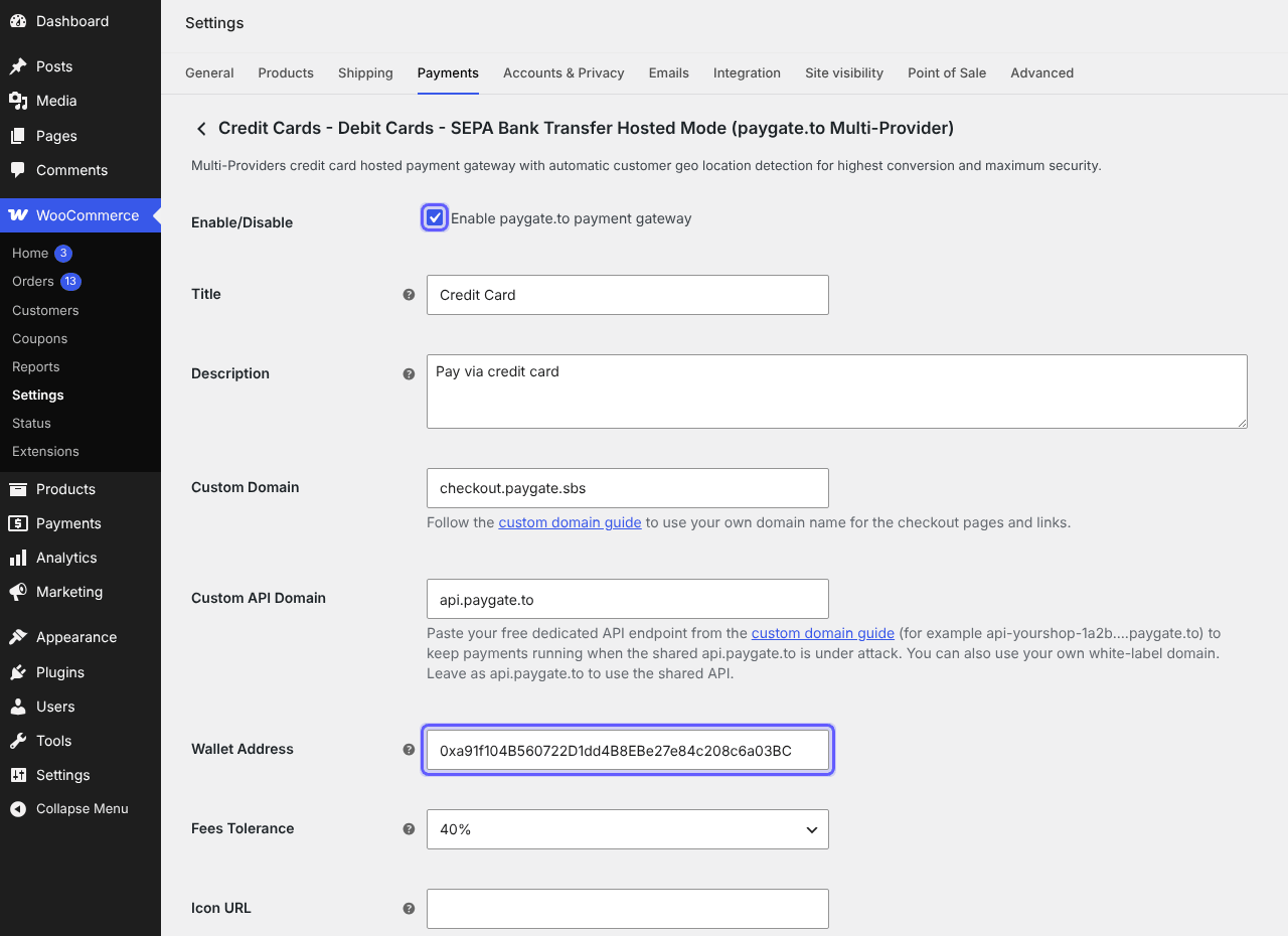 Hosted card payment settings with Enable ticked and the USDC Polygon wallet address filled in