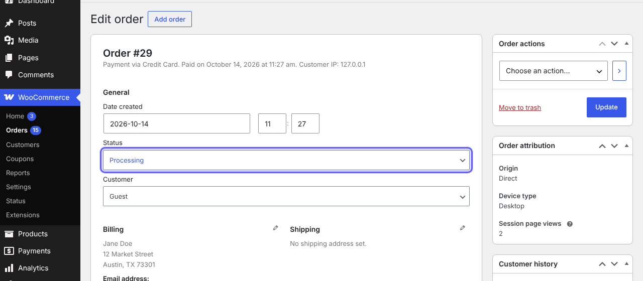 WooCommerce order edit screen showing the order status Processing after payment