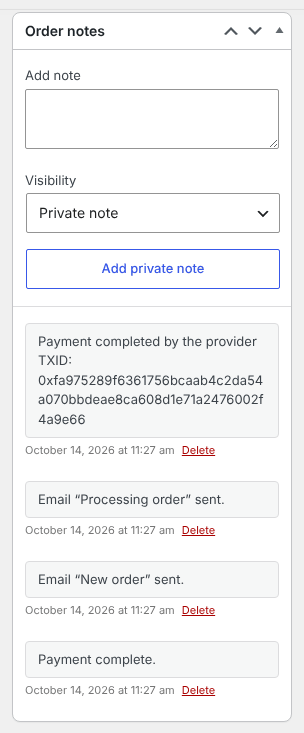 WooCommerce order notes with Payment completed by the provider and the payout TXID